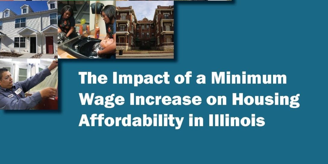 Minimum Wage Report Cover, a blue background with photos of workers and housing.