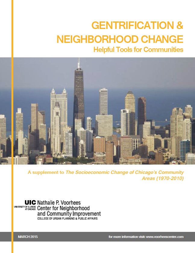 Cover of the Gentrification and Neighborhood Change: Helpful Tools for Communities report, with an image of the Chicago skyline.