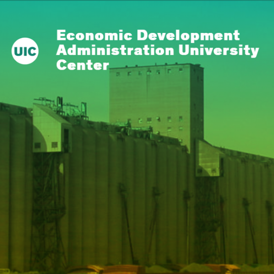 UIC EDA University Center logo over an image of a Chicago industrial site